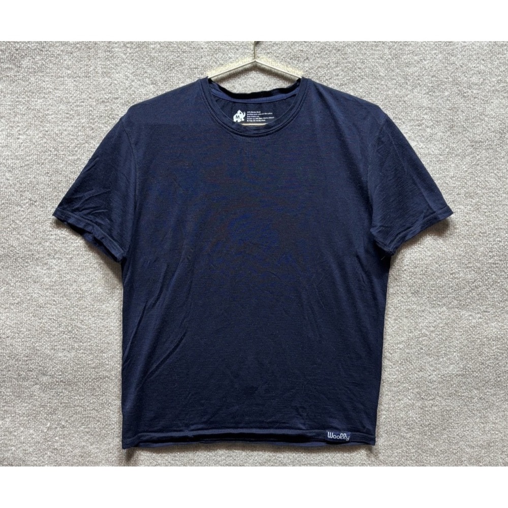 Woolly Mens Medium 100% Merino Wool Short Sleeve Navy Blue Comfort Outdoors